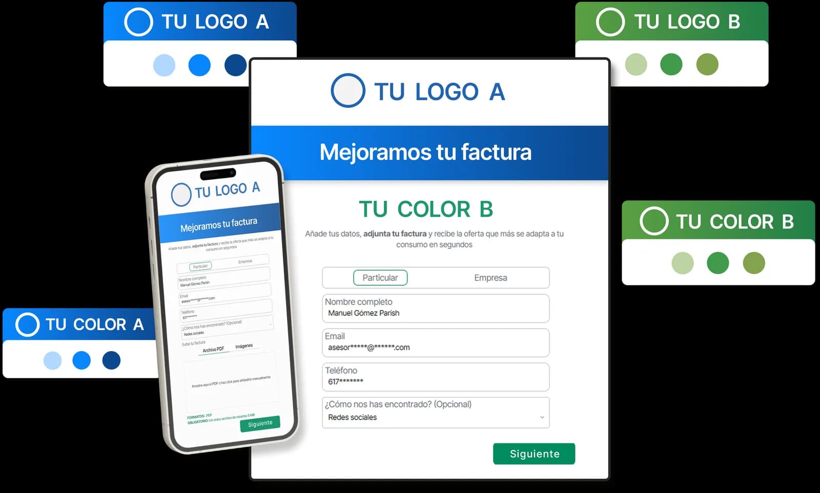 Maquetas del portal de cliente con distintos logos y colores de empresa («Tu logo A», «Tu color B»)