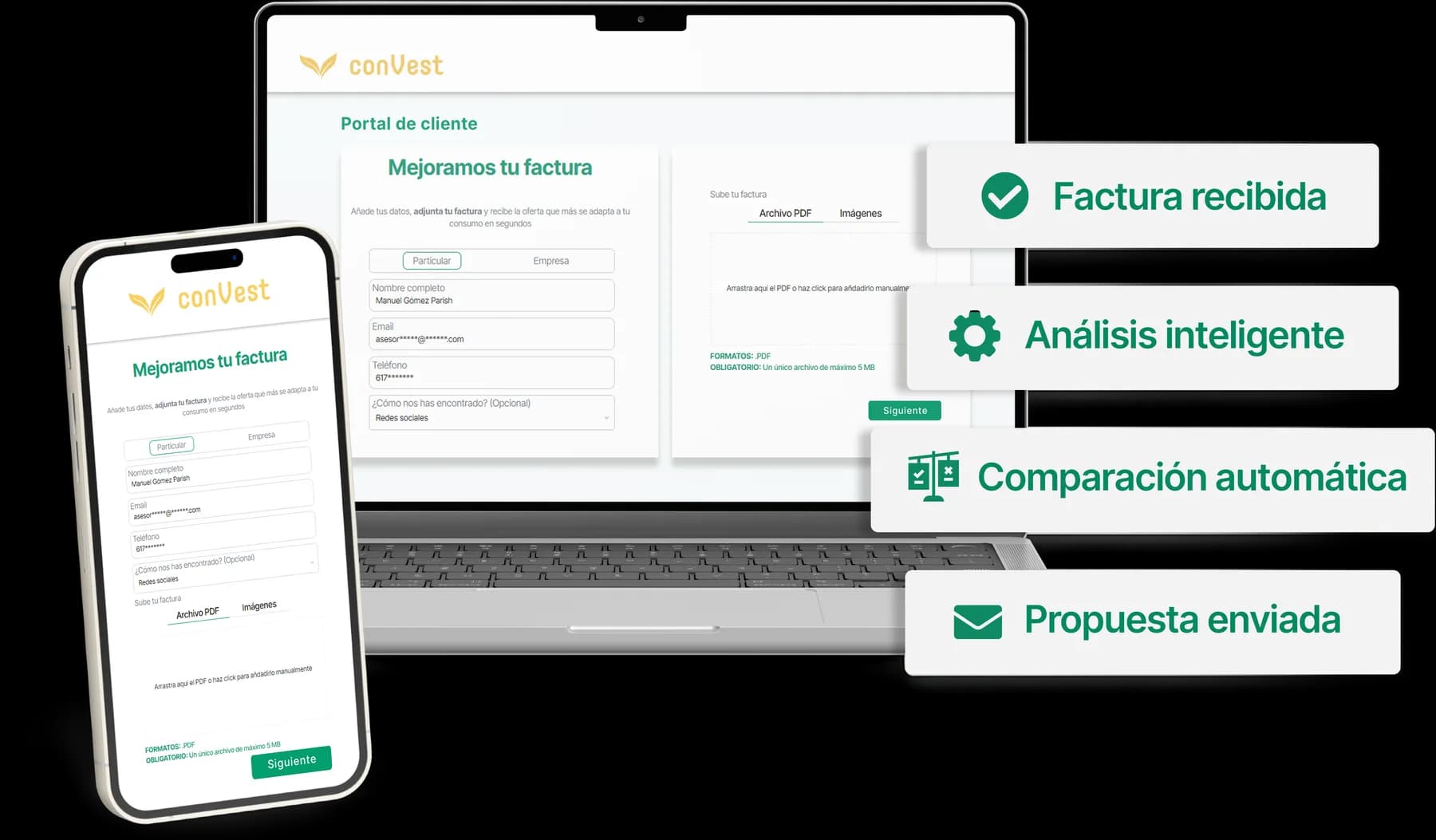 El portal de cliente de Convest en un portátil y en un móvil, con las etapas Factura recibida, Análisis inteligente, Comparación automática y Propuesta enviada