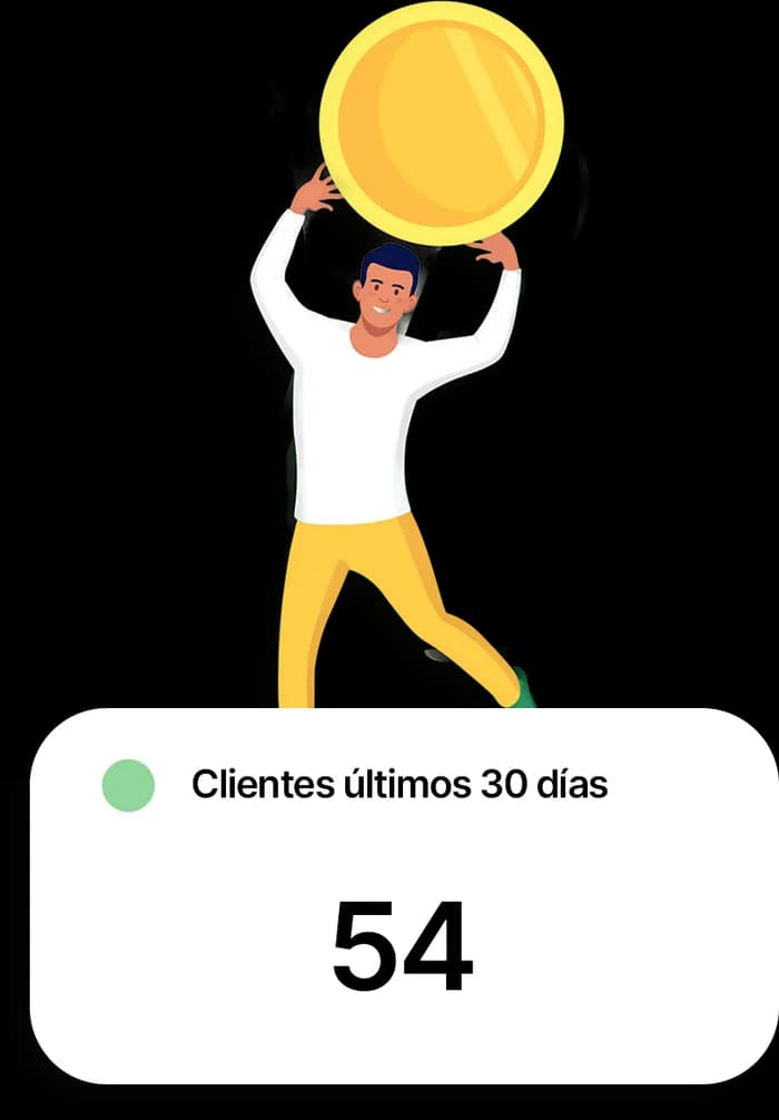 Un asesor levanta una moneda junto a la tarjeta «Clientes últimos 30 días: 54»